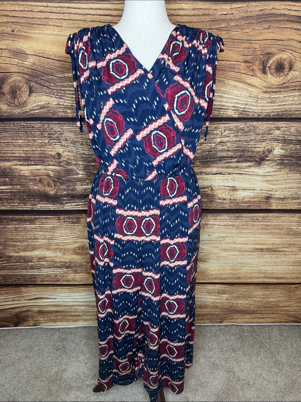 Lane Bryant Navy and Pink Geometric Surplice Jumpsuit with Tie Shoulders